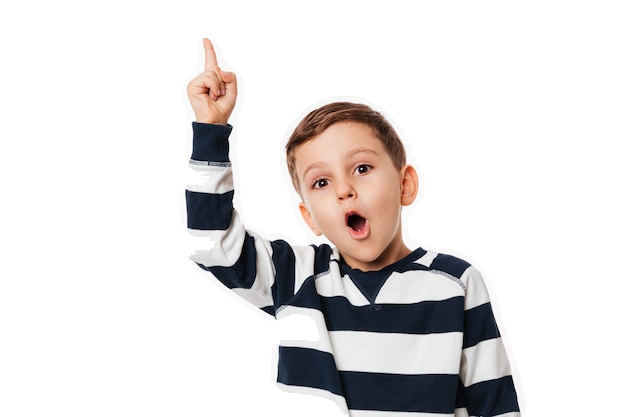 Funny little boy in glasses pointing up